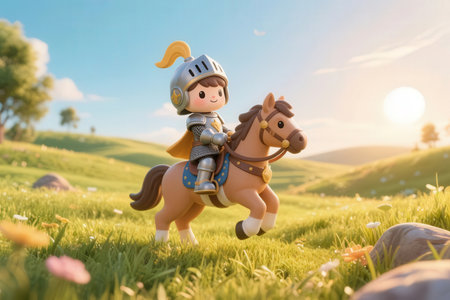 3d illustration of a little boy riding a horse on the meadowの素材