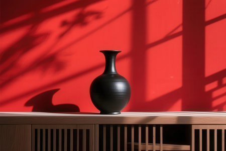 Black vase on the table with shadow from the window, stock photoの素材
