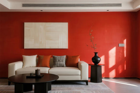 interior of modern bright living room with red wall, nobody insideの素材