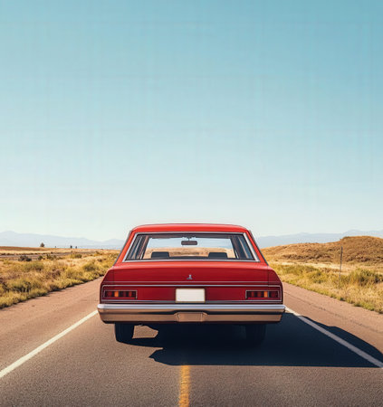 Vintage american car on the road with blue sky background.の素材