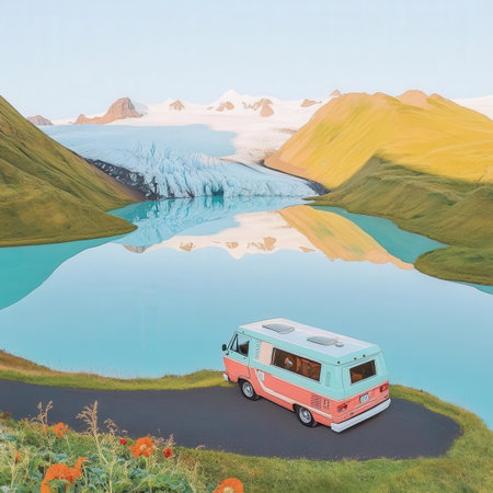 Vintage camper van on the background of mountain landscape with lake.の素材