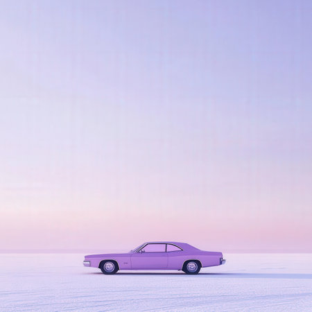 Purple vintage car in the winter landscape. 3d render.の素材