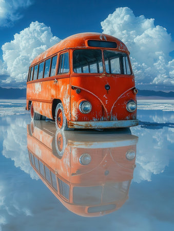 Vintage bus reflected in water, 3d rendering. Computer digital drawing.の素材