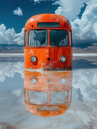 Old orange bus in the desert with reflection in the water. 3d renderingの素材