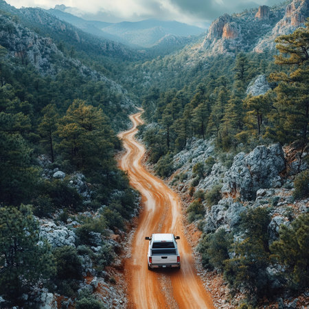Car on the road in the mountains. Adventure and travel concept.の素材