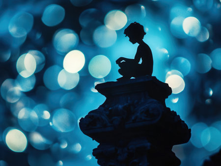 Statue of a girl sitting on a stone in front of a blue bokeh backgroundの素材