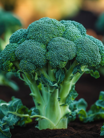 Close up of fresh green broccoli in the garden. Selective focus.の素材
