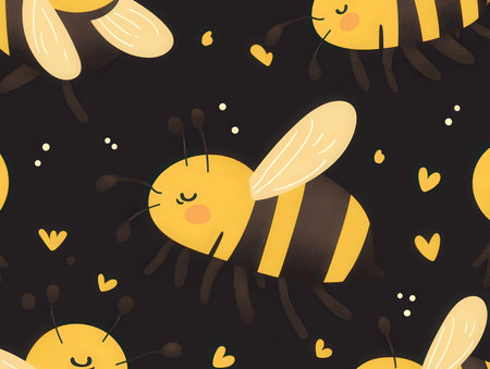 Seamless pattern with cute bees and hearts. Vector illustration.の素材