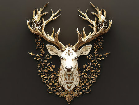 Deer head with antlers on black background. 3d illustrationの素材