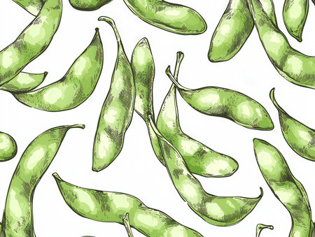Seamless pattern with green soy beans. Hand drawn vector illustration.の素材