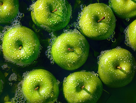 Green apples with drops of water on a dark background, top viewの素材