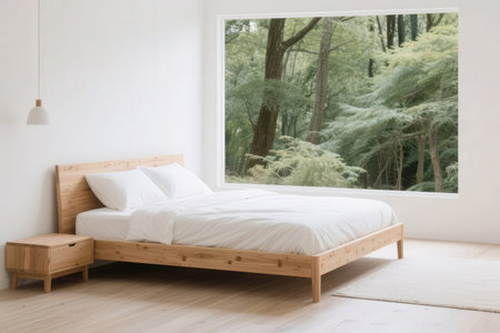 interior of a modern bedroom with wooden bed and window, stock photoの素材