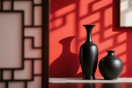 Black vase with shadow on red wall. Shallow depth of fieldの素材