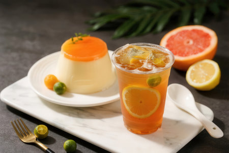 Tasty jelly pudding with lemon and grapefruit on table, closeupの素材