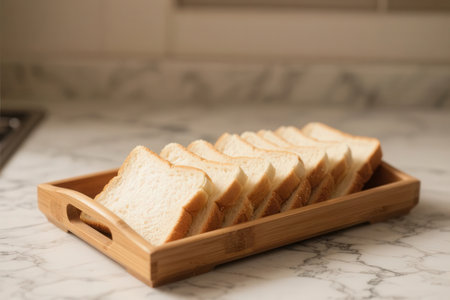 Slices of bread in wooden tray on white marble table.の素材