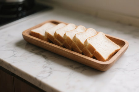 Sliced bread in wooden tray on white marble countertop.の素材