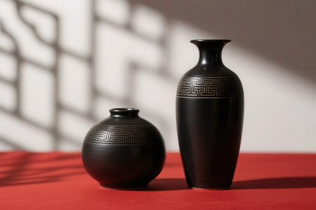 Black ceramic vase on a red background with shadow from the windowの素材