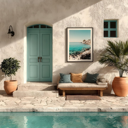 3d rendering of home interior with swimming pool and wooden door.の素材