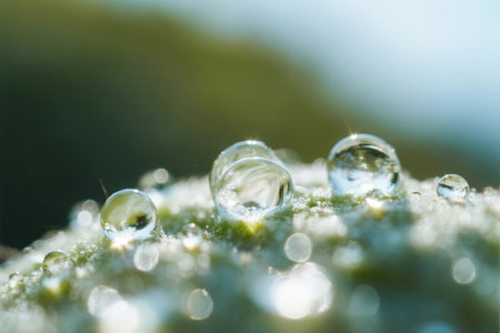 Water droplets on the grass in the morning. Shallow depth of field.の素材