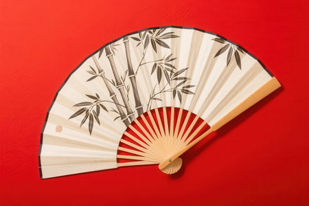 Japanese fan with bamboo leaves on a red background, close-upの素材