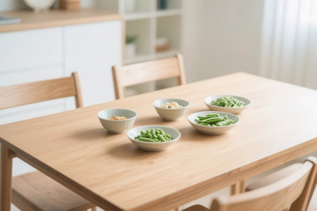 Green beans on the wooden table in the living room, stock photoの素材