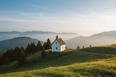 Small chapel on mountain meadow at sunrise. Carpathian, Ukraine.の素材