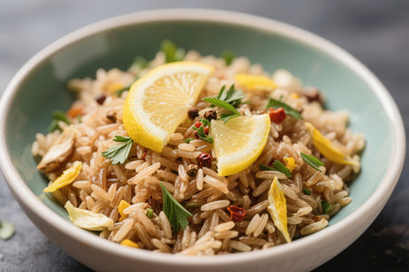 Fried rice with lemon and spices in bowl on table, closeupの素材