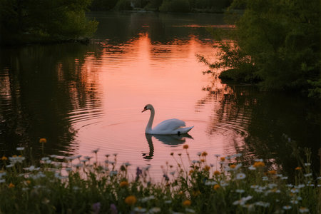 White swan swimming in the lake at sunset. Beautiful landscape.の素材