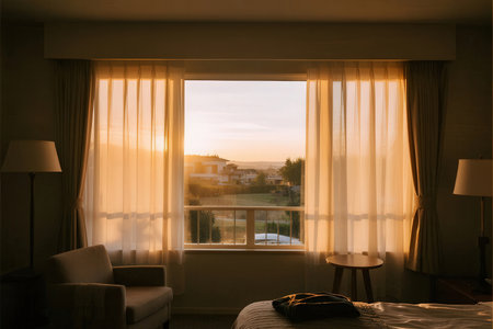Interior of a hotel room with a large window overlooking the sunsetの素材