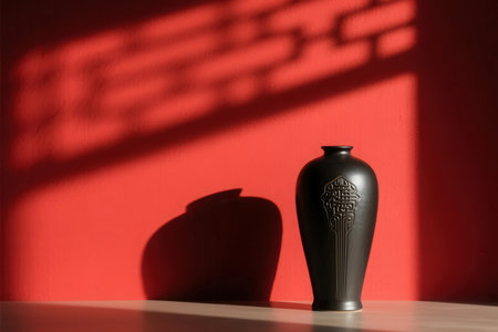 Black vase on the table with shadow on red wall background.の素材