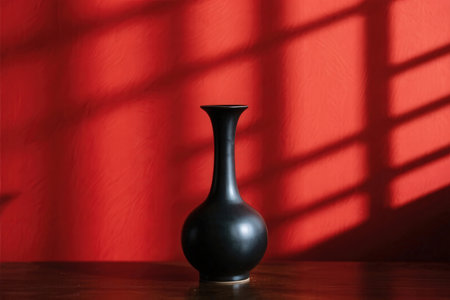 Black vase on wooden table and red wall with shadow overlay.の素材