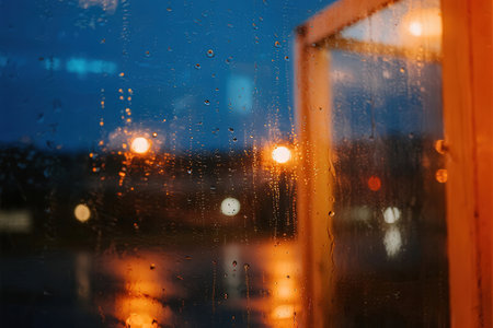 raindrops on the window at night, defocused background, selective focusの素材