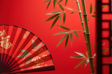 Japanese fan and bamboo in front of a red background. Copy space.の素材