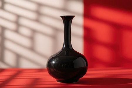 Black vase on red background with shadow from the window. Verticalの素材