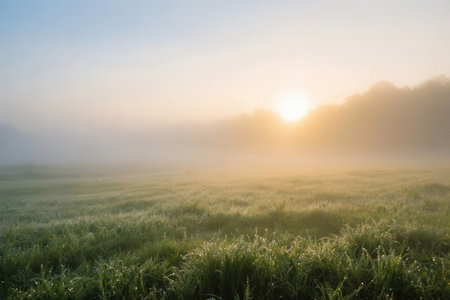 Morning fog in the meadow at sunrise. Beautiful natural background.の素材
