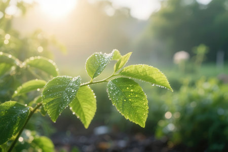 Green leaves with dew drops in the morning, Nature background.の素材