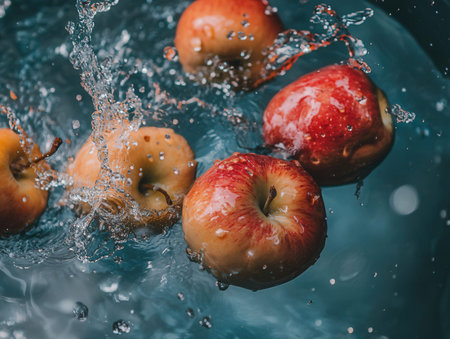 Fresh red apples falling into water with splashes and drops of water.の素材