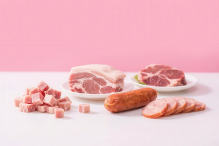 Sausage, ham and sausage on a white background. Copy space.の素材