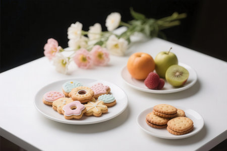 Cookies on a white plate with fruits and flowers in the backgroundの素材