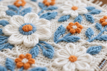 Handmade crocheted woolen texture background, close up viewの素材