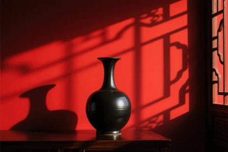 Vase on the table in the room with red wall and shadowの素材