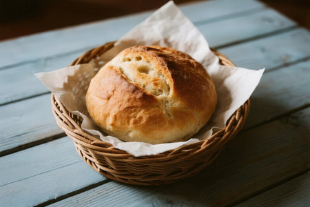 Freshly baked bread in a basket on a blue wooden table.の素材