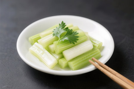 Fresh celery sticks in a bowl with chopsticks on black backgroundの素材