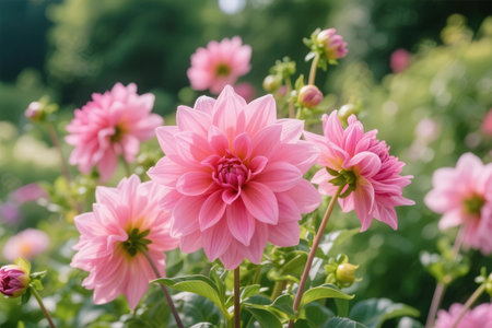 Beautiful pink dahlia flower in the garden. Nature backgroundの素材