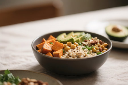Bowl with quinoa, avocado and chickpeas on tableの素材