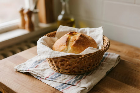 Bread in a wicker basket on a wooden table, selective focusの素材