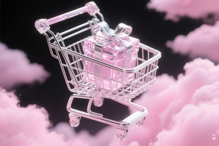 Shopping cart with gift box in pink clouds. 3D renderingの素材
