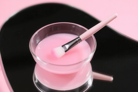Makeup brush in a glass bowl with pink liquid on a black backgroundの素材