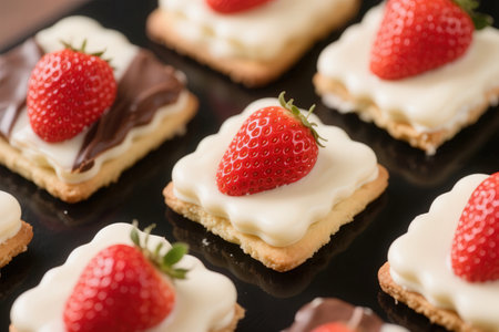 Strawberry tartlets with cream and chocolate on a black backgroundの素材