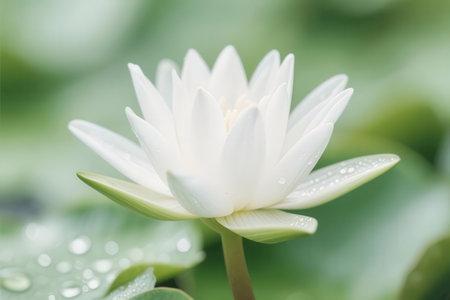 White lotus flower with green leaf background, water lily.の素材